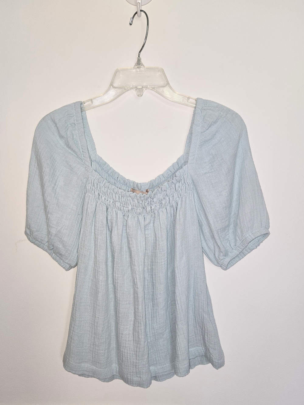 Philosophy Women's Light Blue Smocked Square-Neck Puff Sleeve Top Size M
